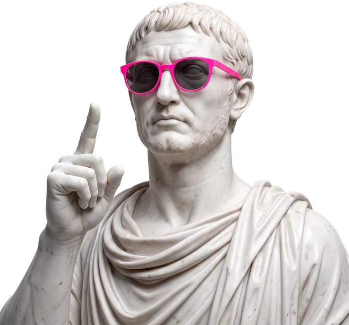 Papinian: a marble bust in pink glasses leaning on the app window